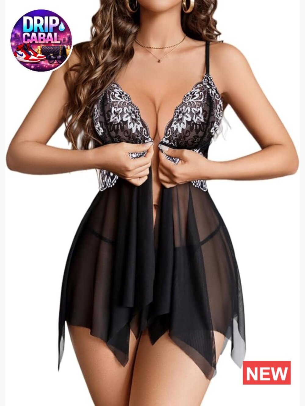 Front Closure Lace Babydoll Chemise Nightie with G-String